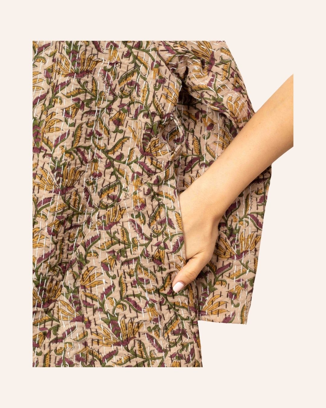 Handcrafted Bagru print kimono in earthy tones with kantha stitch detail, perfect for layered looks.