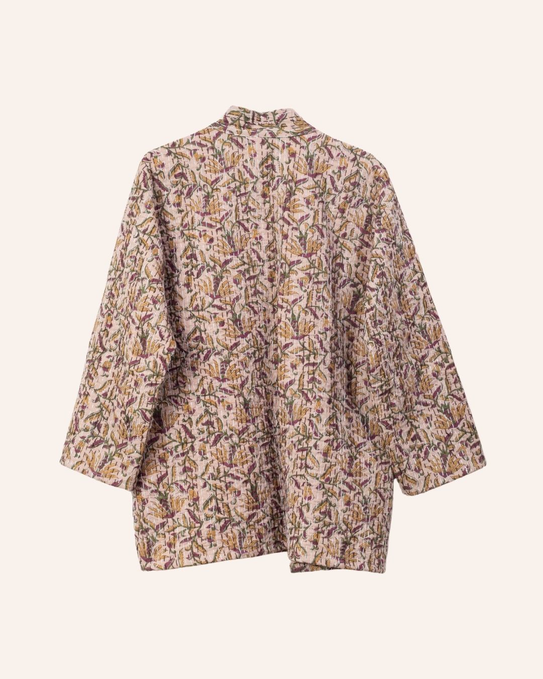 Handcrafted Bagru print kimono in earthy tones with kantha stitch detail, perfect for layered looks.