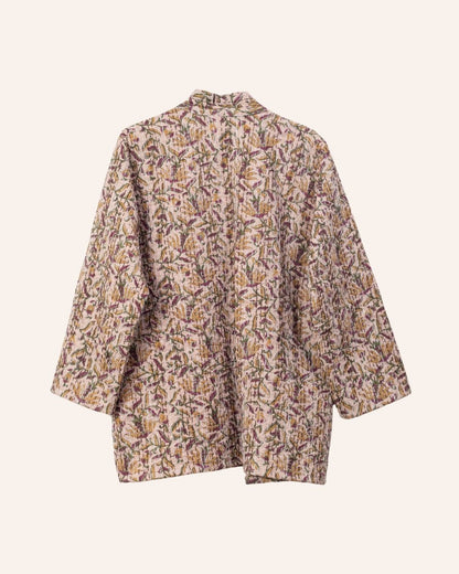 Handcrafted Bagru print kimono in earthy tones with kantha stitch detail, perfect for layered looks.
