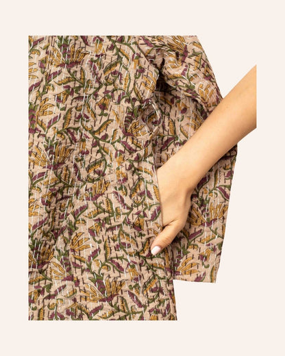 Handcrafted Bagru print kimono in earthy tones with kantha stitch detail, perfect for layered looks.