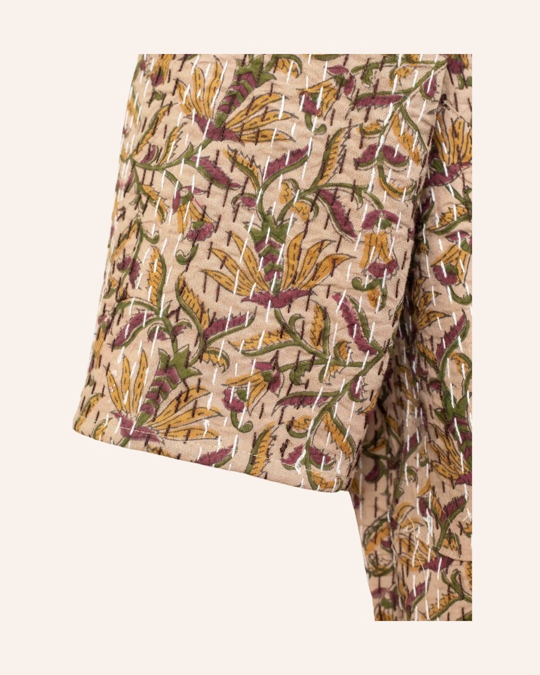 Handcrafted Bagru print kimono in earthy tones with kantha stitch detail, perfect for layered looks.