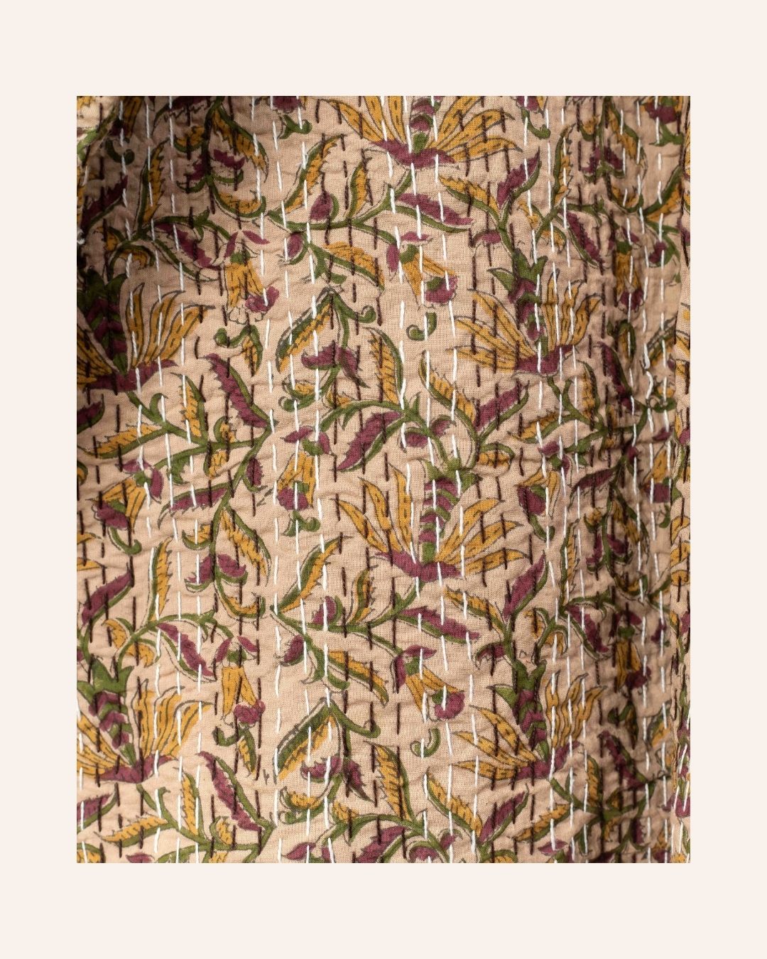 Handcrafted Bagru print kimono in earthy tones with kantha stitch detail, perfect for layered looks.