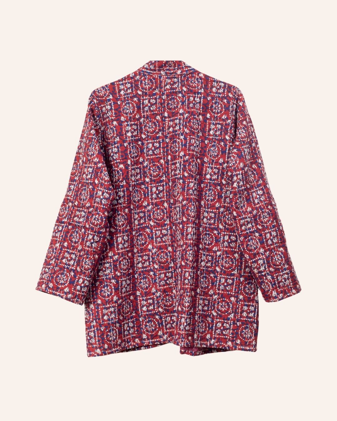Handcrafted red kimono jacket with traditional Bagru block print and Kantha stitch details in natural cotton.