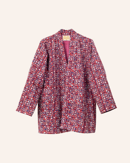 Handcrafted red kimono jacket with traditional Bagru block print and Kantha stitch details in natural cotton.
