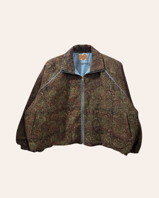 Brown paisley print bomber jacket with artisan details