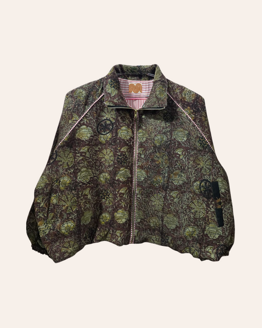 Green and brown floral bomber jacket with artisan stitch detailing