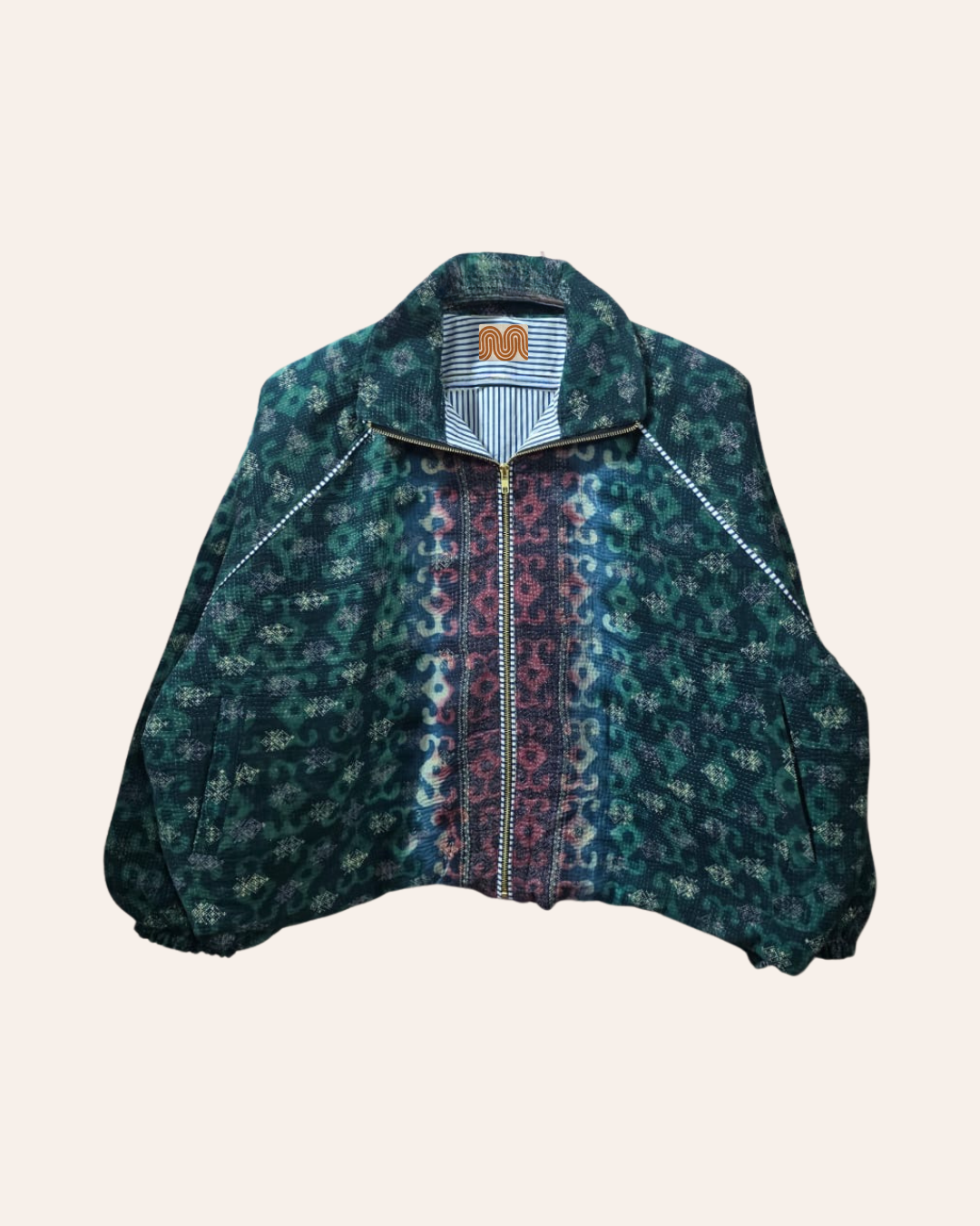 Green multicolour ikat patterned bomber jacket with zip front