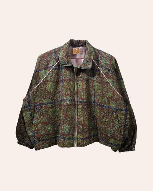 Multicolour sunburst floral bomber jacket with artisan print