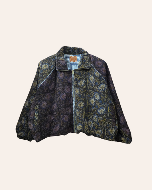 Navy bomber jacket with mustard and blue floral design