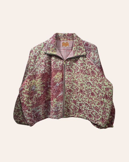 Red and cream vine print bomber jacket with zip closure