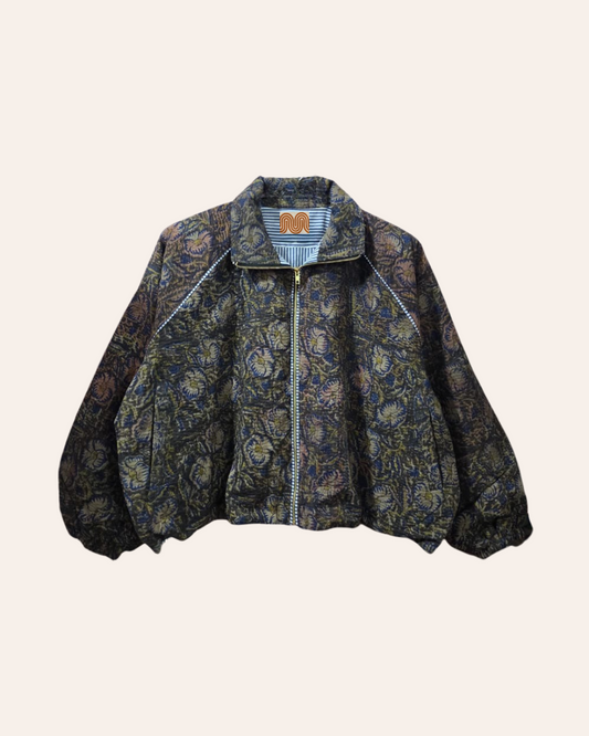Teal floral bomber jacket with contrasting sleeve patterns