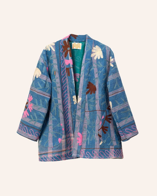Hand-embroidered vintage Suzani kimono jacket with floral and geometric detailing in blue, pink, and cream on a kantha base.